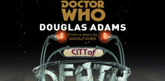 Recorte da capa do livro. Em um fundo escuro, no topo, o logo de Doctor Who, logo abaixo o nome: "Douglas Adams". Abaixo, no centro, estranhas hastes metálicas, uma de cada lado, terminam em lampâdas vermelhas, entre ambas hastes o texto: "From a story by David Fisher". Abaixo duas outras hastes sustentam uma placa com o texto: "City of", e na base a palavra "Death" como rochas quebradas.