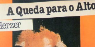 Recorte da capa do livro. Em um fundo com as laterais alaranjadas, é possivel notar o topo do rosto de Anderson Herzer, um pouco manchado. Em primeiro plano, uma faixa clara no topo com o título: "A Queda para o Alto", e abaixo uma faixa menor com o nome: "Herzer".