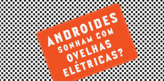 Recorte da capa do livro. Sobre um fundo branco pontilhado, um retângulo laranja em diagonal com o texto em branco: "Androides sonham com ovelhas elétricas?"