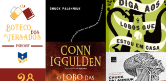 Vitrine do episódio. Na esquerda tem uma coluna com a logo do Podcast acima, a logo do Leitor Cabuloso no centro e o numeral 28 indicando a numeração do episódio. Em destaque, um mosaico com as capas dos livros indicados: No canto inferior direito, a capa do livro No Sufoco, com um rosto desprovido de pele, desenhado a lápis, olhando para o lado direito. Acima dele, a capa do livro Diga Aos Lobos que estou em casa. Um urso ao centro e na barriga do urso, uma silhueta de uma cabeça humana. No lado esquerdo, a capa do Livro O lobo das planícies. A capa possui chamas na parte inferior e escuridão na parte superior.