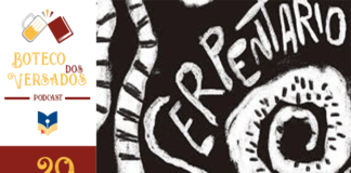 Vitrine do episódio do podcast Boteco dos Versados. Na esquerda tem uma coluna vertical, com a logo do pocast no topo, a logo do Leitor Cabuloso no meio e o numeral 29 na base, indicando a numeração do podcast. Em destaque, um recorte da capa, mostrando diversos corpos de serpente compondo uma cena que parecem caminhos em um labirinto. O nome do livro: Serpentário aparece neste mesmo formato, centralizado.