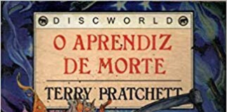 Recorte da capa do livro. Em um fundo azulado, um quadro bege, com o texto: "Discworld", no centro do quadro, em vermelho, o título: "O Aprendiz de Morte", e logo abaixo o nome do autor: Terry Pratchett.