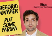 Recorte da capa do livro. Um fundo de cor salmão, em primeiro plano Gregorio Duvivier (do ombro pra cima) segurando uma placa amarela onde está escrito seu nome e o título do livro.