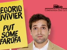 Recorte da capa do livro. Um fundo de cor salmão, em primeiro plano Gregorio Duvivier (do ombro pra cima) segurando uma placa amarela onde está escrito seu nome e o título do livro.