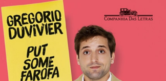 Recorte da capa do livro. Um fundo de cor salmão, em primeiro plano Gregorio Duvivier (do ombro pra cima) segurando uma placa amarela onde está escrito seu nome e o título do livro.