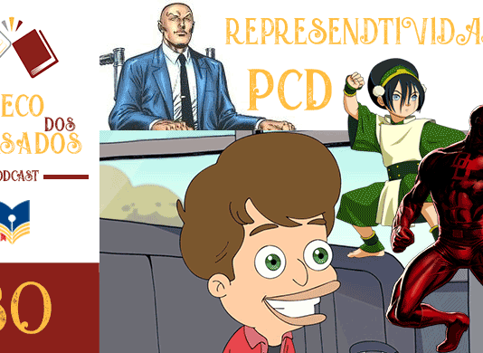 Vitrine do episódio do podcast Boteco dos Versados. Na esquerda tem uma coluna vertical, com a logo do podcast no topo, a logo do Leitor Cabuloso no meio e o numeral 30 na base, indicando a numeração do podcast. Em destaque Caleb da animação Big mouth sentando sorrindo, acima dela a esquerda Charles Xavier seguido do nome do episodio "Representatividade PCD" na cor amarela. Do lado direito Tof de Avatar e Demolidor.