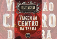 Fotomontagem com capa do livro "viagem ao centro da terra". A capa é vermelha e o título está escrito em branco. Não possui imagem.