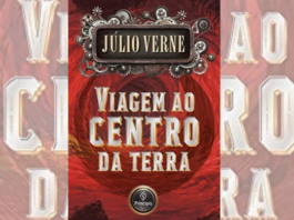 Fotomontagem com capa do livro "viagem ao centro da terra". A capa é vermelha e o título está escrito em branco. Não possui imagem.
