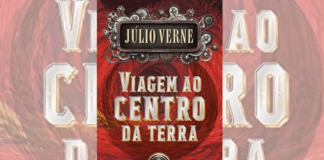 Fotomontagem com capa do livro "viagem ao centro da terra". A capa é vermelha e o título está escrito em branco. Não possui imagem.