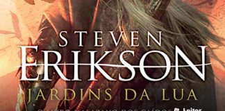 Recorte da capa do livro. Um guerreiro de armadura e espada nas costas, indo em direção a um fundo alaranjado. Em primeiro plano, o nome do autor em letras grandes e brancas, logo abaixo, o título do livro, e o texto: O Livro Malazano dos Caídos.