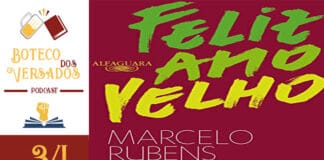 Vitrine do episódio do podcast Boteco dos Versados. Na esquerda tem uma coluna vertical, com a logo do podcast no topo, a logo do Leitor Cabuloso no meio e o numeral 34 na base, indicando a numeração do podcast. Em destaque fundo vermelho com o nome do episodio "Feliz Ano Velho" em verde para amarelo e o nome "Marcelo Rubens Paiva"