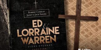 Montagem com a capa do livro. A esquerda o livro de capa preta, com o título "Ed & Lorraine Warren - Vidas Eterna". À direita uma cruz de madeira.