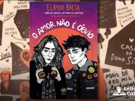 Montagem com a capa da obra. No centro a capa, com uma ilustração de duas pessoas com roupas escuras, um fundo com céu roxo, um sol vermelho alaranjado. E o título "O Amor Não é Óbvio."