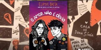 Montagem com a capa da obra. No centro a capa, com uma ilustração de duas pessoas com roupas escuras, um fundo com céu roxo, um sol vermelho alaranjado. E o título "O Amor Não é Óbvio."