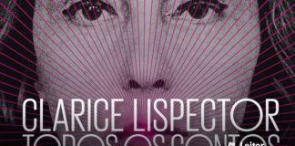 Imagem de rosto de Clarice Lispector, algumas linhas lilás surgindo do centro da imagem. Em primeiro plano, o texto: "Clarice Lispector - Todos os Contos"