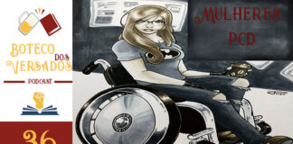 Vitrine do episódio. Na esquerda tem uma coluna vertical, com a logo do podcast no topo, a logo do Leitor Cabuloso no meio e o numeral 36 na base, indicando a numeração do podcast. Em destaque, a personagem de quadrinhos, Barbara Gordon, em uma cadeira de rodas, e uma lousa escrito em vermelho "Mulheres PCD"