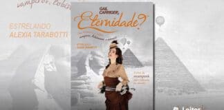 Capa do livro. Uma moça com roupas vitorianas. E no fundo uma imagem, em tons de cinza, do Egito, com a Esfinge e Pirâmides, e alguns balões voando.