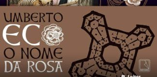 Recorte da capa do livro. Um fundo marrom, à esquerda o nome do autor e do livro. À direita uma forma geométrica semelhante a um mapa de uma torre medieval.