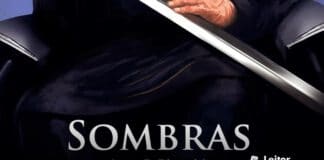 Recorte da capa do livro, uma ilustração de um senhor com roupas pretas, sentado, segurando uma espada, no recorte é possivel notar apenas lâmina da espada em seu colo e uma de suas mãos sobre a lâmina. Em primeiro plano o título de livro e nome da autora.