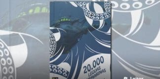 Capa do livro. Ilustracao do Náutilus sob as águas. Imagem sobreposta a uma silueta de um polvo. Na base, o título em letras azuis e onduladas "20.000 Léguas Submarinas" e nome do autor "Jules Verne"