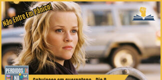 Fotomontagem com personagem de Reese Witherspoon no filme E se fosse verdade, de perfil, para a direita. No canto superior esquerdo está escrito "Não entre em pânico!", no inferior tem a logo do podcast, que é a ilustração de uma estante com livros e outros objetos, onde lê-se “Perdidos na Estante". Ao lado, em uma faixa amarela na qual está escrito “Cabulosos em quarentena - Dia 8". Em cima, ao lado direito está o selo do Leitor Cabuloso.