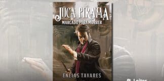 Pintura de um homem com roupas formais e escuras e um cachecol vermlho, segurando uma faca e em posição de luta. Em primeiro plano, o título do livro, e na base o nome do autor.