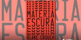 Capa do livro. Um fundo vermelho, e o título "Matéria Escuro" em preto no centro. O topo e a base do titulo se repetem em cascata abaixo e a cima do titulo completo. Abaixo, o nome do autor, também com efeito cascata.