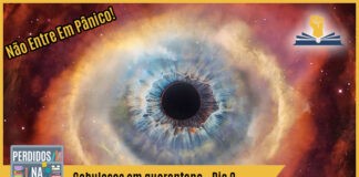 Fotomontagem com imagem de galáxias que formam um olho humano, divulgação da nova série Cosmos. No canto superior esquerdo está escrito "Não entre em pânico!", no inferior tem a logo do podcast, que é a ilustração de uma estante com livros e outros objetos, onde lê-se “Perdidos na Estante". Ao lado, em uma faixa amarela na qual está escrito “Cabulosos em quarentena - Dia 9". Em cima, ao lado direito está o selo do Leitor Cabuloso.