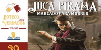Vitrine do episódio do podcast Boteco dos Versados. Na esquerda tem uma coluna vertical, com a logo do podcast no topo, a logo do Leitor Cabuloso no meio e o numeral 39 na base, indicando a numeração do episódio. Em destaque fundo com a imagem de capa do livro "Juca Pirama: Marcado para morrer" trazendo o personagem título com uma faca em mãos, preparado pra uma briga, indicando o tema do episodio.