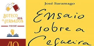Vitrine do episódio do podcast Boteco dos Versados. Na esquerda tem uma coluna vertical, com a logo do podcast no topo, a logo do Leitor Cabuloso no meio e o numeral 40 na base, indicando a numeração do podcast. Em destaque um recorte da capa do livro "Ensaio Sobre A Cegueira" do José Saramago. A fonte é vermelha sob um fundo amarelo;