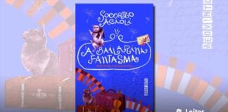 Capa do livro. Um fundo azul, com algumas sementes de dente-de-leão caindo, um gato saltando proximo ao título escrito em branco com letras estilizadas. Na base um gato olhando para cima, sentado proximo a duas malas de viagem e um violino.