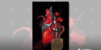 Capa do livro. Um fundo preto, e em primeiro plano uma montagem com um coração humano, um galo, algumas serpentes pretas e vermelhas e flores. Abaixo, um quadro marrom com o nome do autor e o título do livro.
