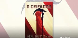 Capa do livro, ilustração com um fundo amarelo e as pontas vermelhas. Em primeiro plano uma pessoa com manto vermelho, de perfil, segurando uma foice toda preta. No topo o texto "Sythe Vol 1." e logo abaixo o título "O Ceifador", na base, o nome do autor.