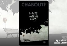 Capa da HQ. Uma ilustração mostrando na base um banco de praço com um balão amarrado. Boa parte da capa é preta formando a silhueta de folhas de uma arvore. No centro, sobre o fundo preto o nome do autor no topo, e em branco, no centro o título da HQ.