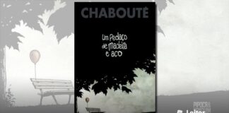 Capa da HQ. Uma ilustração mostrando na base um banco de praço com um balão amarrado. Boa parte da capa é preta formando a silhueta de folhas de uma arvore. No centro, sobre o fundo preto o nome do autor no topo, e em branco, no centro o título da HQ.