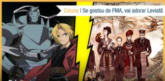 Montagem com as imagens de FMA e Leviatã. À esquerda ilustração com os personagens de FMA, no centro um raio amarelo dividindo a vitrine, à direita ilustração com os personagens de Leviatã. No topo à direita, uma faixa branca com o texto: Coluna - Se gostou de FMA, vai adorar Leviatã. Na base o logo do Leitor Cabuloso, e uma borda amarela em volta da vitrine