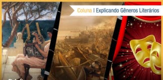 Montagem com três ilustrações, sendo divididas na vertical por um desenho de uma caneta preta. A imagem da esquerda é uma pintura de uma pessoa no estilo de grego antigo, sentado tocando uma especie de lira, com o mar ao fundo. Ao centro, guerreiros de armadura brigando. À direita as máscaras simbolo do teatro, uma feliz outra triste, de cores douradas. No topo à direita, uma faixa branca com o texto: Coluna - Explicando Gêneros Literários. Na base o logo do Leitor Cabuloso, e uma borda amarela em volta da vitrine