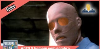 Fotomontagem com personagem do filme O Homem sem Sombras com máscara onde dá pra ver seu rosto, mas com buracos vazios no lugar dos olhos e boca. À esquerda tem uma faixa rosa onde está escrito "filme". No inferior tem a logo do podcast, que é a ilustração de uma estante com livros e outros objetos, onde lê-se “Perdidos na Estante". Ao lado, em uma faixa rosa na qual está escrito "#062 - O Homem Sem Sombra". Em cima, ao lado direito está o selo do Leitor Cabuloso.