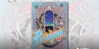 Capa da HQ, um fundo azulado, uma moldura composta por diversos ornamentos, como flores, engrenagens e ilustrações fantasmagóricas. No centro, o recorte de uma ilustração do Pinóquio caminhando em um ambiente noturno. Toda arte possui um tom caricatural. Em primeiro plano, o título em azul e fonte estilizada e uma moldura amarela.