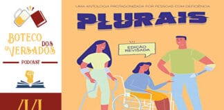 Vitrine do episódio do podcast Boteco dos Versados. Na esquerda ocupando um terço da imagem, tem uma coluna vertical, com a logo do Boteco dos Versados no topo, a logo do Leitor Cabuloso no meio e o numeral 44 na base, indicando a numeração do episódio. A direita, em destaque a capa do livro "Plurais", que apresenta uma ilustração com três pessoas com deficiência física