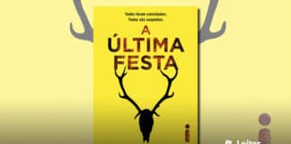 Capa do livro. Um fundo amarelo, no topo o texto: "Todos foram convidados. Todos são suspeitos". No centro, o título do livro, logo abaixo a silhueta de um cranio de um animal semelhante a um alce, com os chifres