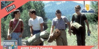 Fotomontagem com cena do filme Conta Comigo onde tem uma linha de trem e os quatro amigos indo por ela. À esquerda tem uma faixa rosa onde está escrito "filme". No inferior tem a logo do podcast, que é a ilustração de uma estante com livros e outros objetos, onde lê-se “Perdidos na Estante". Ao lado, em uma faixa rosa na qual está escrito "#069 - Conta Comigo". Em cima, ao lado direito está o selo do Leitor Cabuloso.