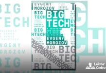 Capa do livro. Um fundo branco. No centro sobre um fundo verde, o titulo em branco: "Big Tech - A Ascensão dos dados e a morte da política". Logo abaixo o nome do autor. O titulo e nome do autor se repetem várias vezes na capa, em verde e cinza.