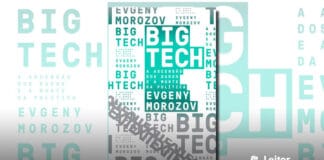 Capa do livro. Um fundo branco. No centro sobre um fundo verde, o titulo em branco: "Big Tech - A Ascensão dos dados e a morte da política". Logo abaixo o nome do autor. O titulo e nome do autor se repetem várias vezes na capa, em verde e cinza.