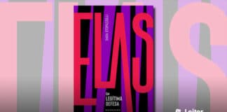 Capa do Livro. Fundo preto com algumas faixas roxas verticais. Em primeiro plano com letras vermelhas ocupando toda a capa, a palavra "Elas", e abaixo, em branco e letras pequenas, o restante do título "Em Legítima Defesa"