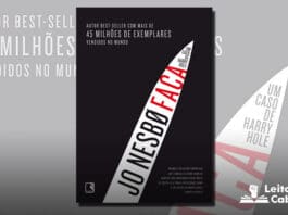 Capa do livro, um fundo escuro quase preto, e no centro uma silhueta branca em forma de lâmina de uma faca, nessa silhueta o nome do autor em preto e o título "Faca" em vermelho. E na ponta o texto "Um caso de Harry Hole"