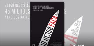 Capa do livro, um fundo escuro quase preto, e no centro uma silhueta branca em forma de lâmina de uma faca, nessa silhueta o nome do autor em preto e o título "Faca" em vermelho. E na ponta o texto "Um caso de Harry Hole"