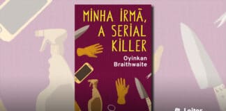 Capa do livro. Ilustração com um fundo rosa, e diversos itens repetidos e espalhados, como luvas amarelas de borracha, facas, spray de limpeza, tesoura, e um celular. No topo em amarelo, o título do livro, e logo abaixo, em branco o nome da autora.