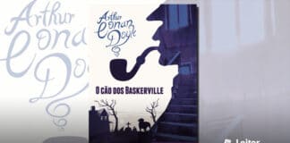 Capa do livro. Um fundo branco, à direita e abaixo, uma silhueta em tom roxo, formando o rosto de perfil do detetive Sherlock Holmes e um cenário com uma casa, algumas lápides e um cachorro. A silhueta é preenchida por uma escadaria. No centro o título do livro, e saindo do cachimbo de Shelock, como fumaça, o nome do autor.