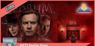 Vitrine do podcast montada com a capa do livro. Num fundo vermelho difuso, estão imagens dos atores do filme "Doutor Sono" e de uma cena clássica do filme "O Iluminado" de Stanley Kubrick, aquela do menino num velotrol andando no corredor do hotel. À esquerda tem uma faixa rosa onde está escrito "filme". No inferior tem a logo do podcast, que é a ilustração de uma estante com livros e outros objetos, onde lê-se “Perdidos na Estante". Ao lado, em uma faixa rosa na qual está escrito "#073 - Doutor Sono ". Em cima, ao lado direito está o selo do Leitor Cabuloso.